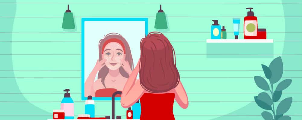 A woman putting on skin care products facing a mirror for a a more healthy skin